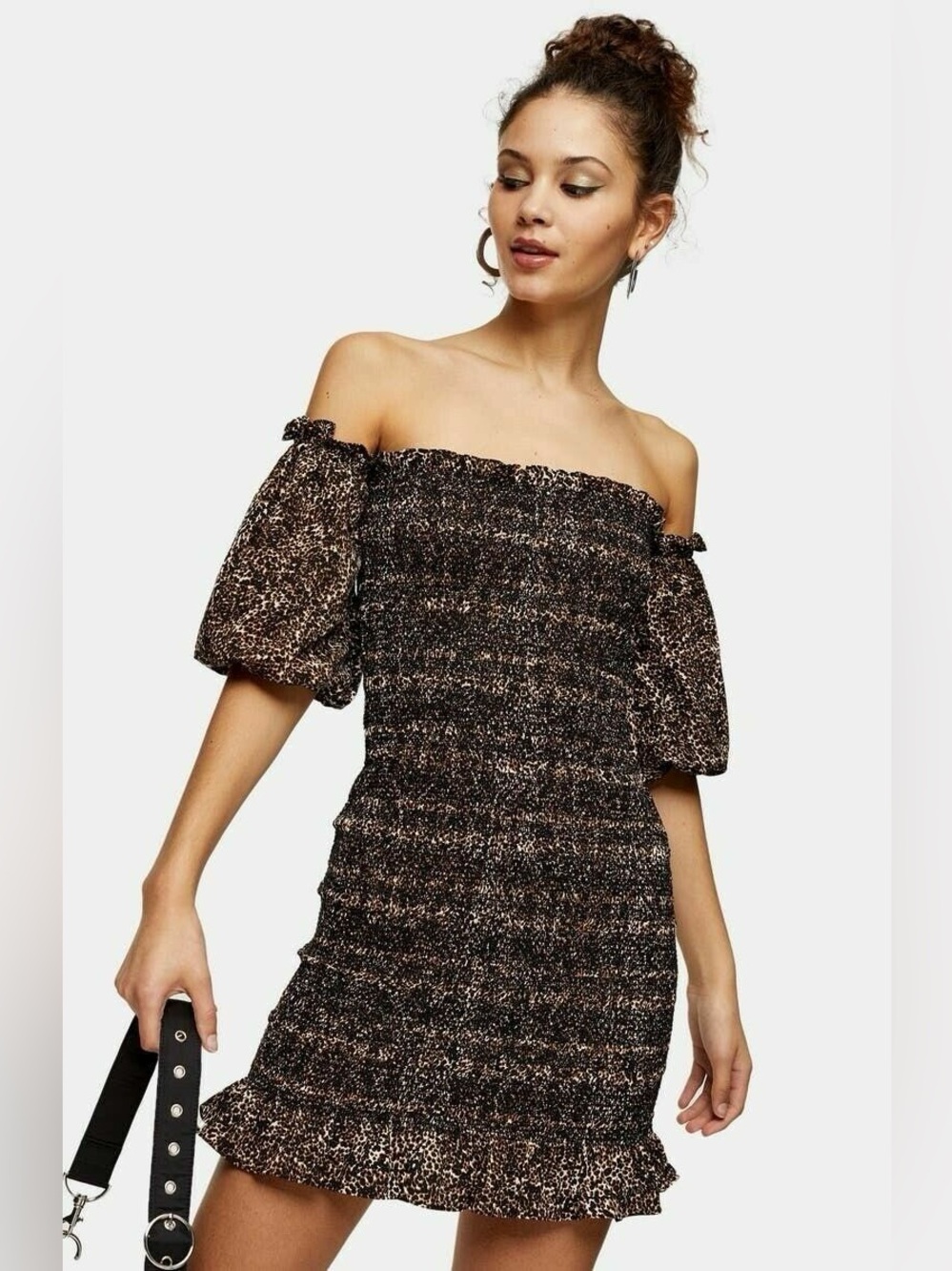 Topshop Womens NEW Smocked Puff Sleeve Dress Size 8 Leopard Animal Cheetah Print